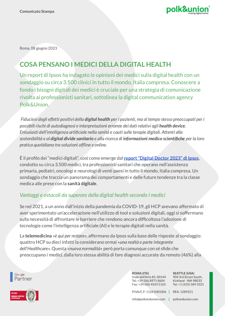 Anteprima del comunicato stampa di Polk&Union su cosa pensano i medici della digital health