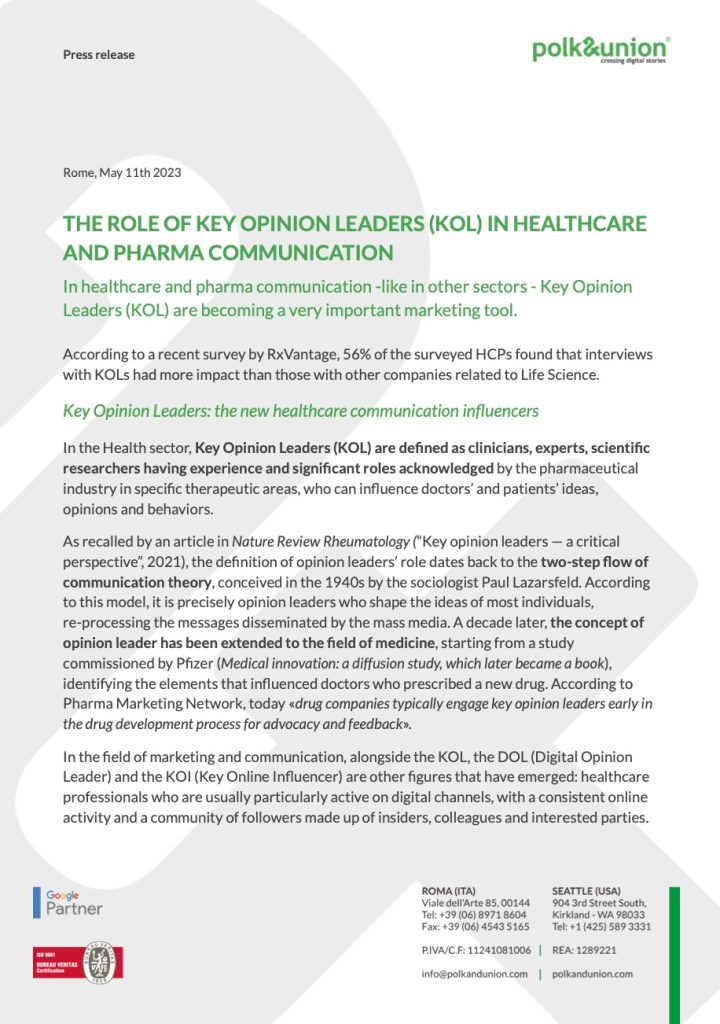 Press release about the role fo KOL in healthcare and pharma communication